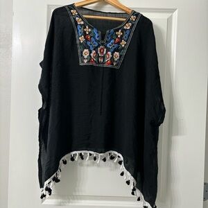 Embroidered oversized flowy summer shirt coverup tassels